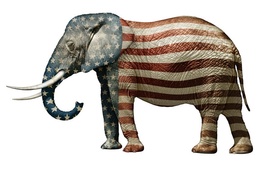 the trouble with Republicans, Republican symbol, Elephant with flag