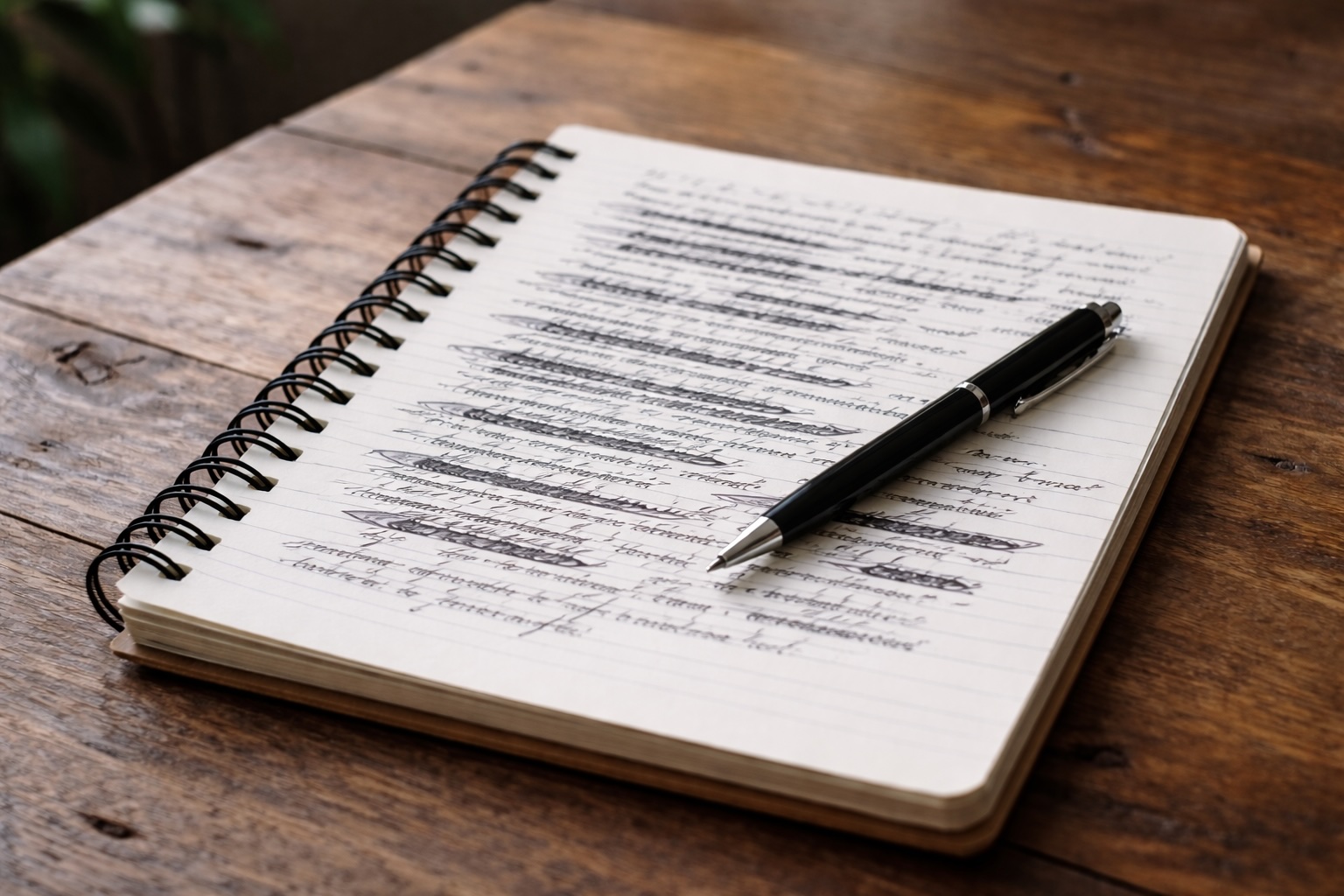 Notebook and pen with words crossed out due to editing.